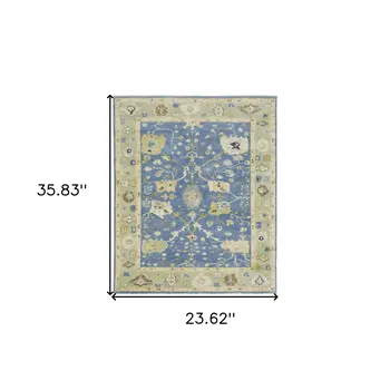 2' X 3' Blue And Green Wool Oriental Hand Knotted Area Rug With Fringe