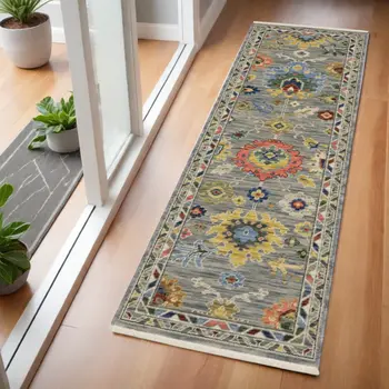 6' Gray Blue And Green Oriental Runner Rug With Fringe