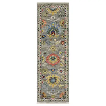 6' Gray Blue And Green Oriental Runner Rug With Fringe