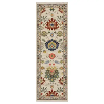 6' Ivory Red And Blue Oriental Runner Rug With Fringe