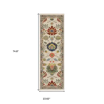 6' Ivory Red And Blue Oriental Runner Rug With Fringe