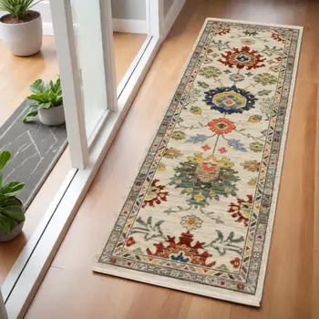 6' Ivory Red And Blue Oriental Runner Rug With Fringe