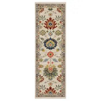 6' Ivory Red And Blue Oriental Runner Rug With Fringe