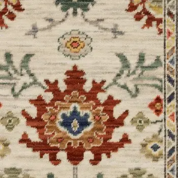 6' Ivory Red And Blue Oriental Runner Rug With Fringe
