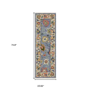 6' Blue Green And Ivory Oriental Runner Rug With Fringe