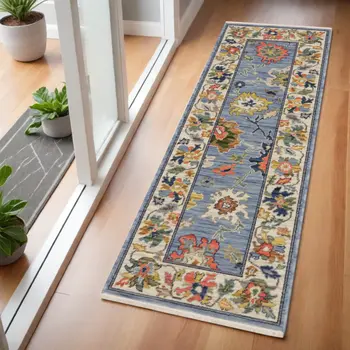 6' Blue Green And Ivory Oriental Runner Rug With Fringe