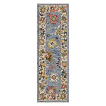 6' Blue Green And Ivory Oriental Runner Rug With Fringe