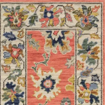 6' Salmon Blue And Yellow Oriental Runner Rug With Fringe