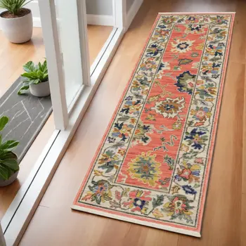 6' Salmon Blue And Yellow Oriental Runner Rug With Fringe