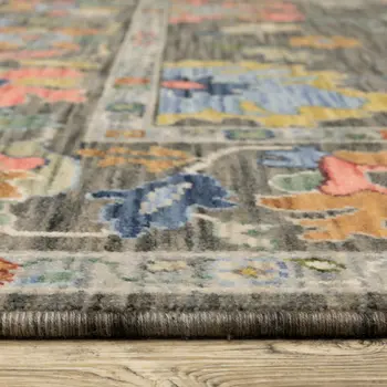 6' Gray Yellow And Blue Oriental Runner Rug With Fringe
