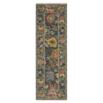 6' Gray Yellow And Blue Oriental Runner Rug With Fringe