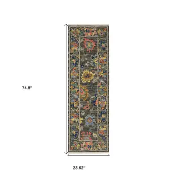 6' Gray Yellow And Blue Oriental Runner Rug With Fringe