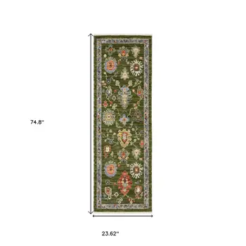 6' Green Gray And Light Blue Oriental Runner Rug With Fringe
