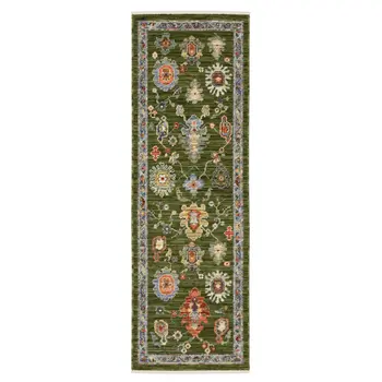 6' Green Gray And Light Blue Oriental Runner Rug With Fringe
