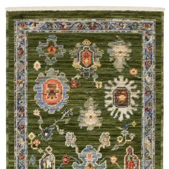 6' Green Gray And Light Blue Oriental Runner Rug With Fringe