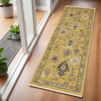 6' Yellow Ivory And Gray Oriental Runner Rug With Fringe