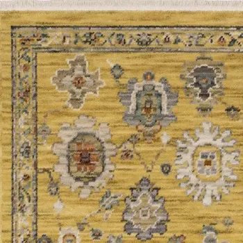 6' Yellow Ivory And Gray Oriental Runner Rug With Fringe