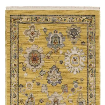 6' Yellow Ivory And Gray Oriental Runner Rug With Fringe