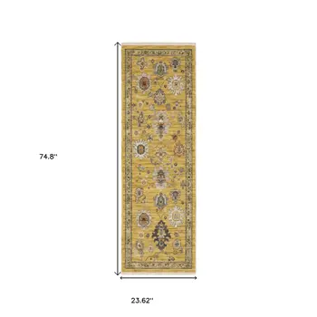 6' Yellow Ivory And Gray Oriental Runner Rug With Fringe