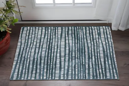 2' X 3' Teal And Ivory Striped Distressed Area Rug
