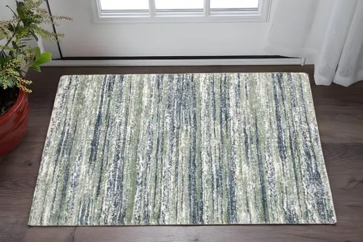 2' X 3' Blue And Green Striped Distressed Area Rug