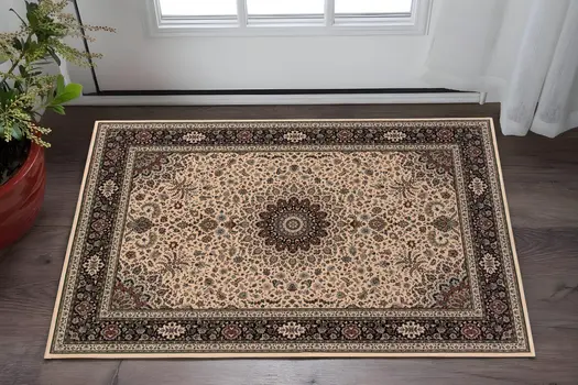 2' X 3' Ivory And Black Oriental Area Rug