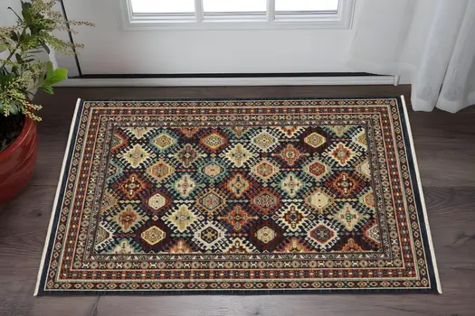 2' X 3' Navy Blue Oriental Area Rug With Fringe