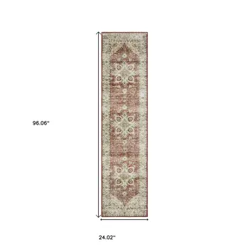 8' Red And Ivory Oriental Distressed Runner Rug