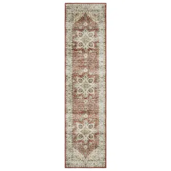 8' Red And Ivory Oriental Distressed Runner Rug