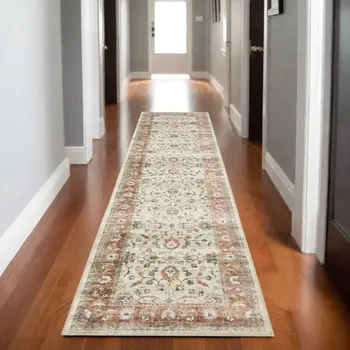 8' Ivory And Rust Oriental Distressed Runner Rug