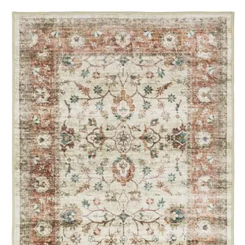 8' Ivory And Rust Oriental Distressed Runner Rug
