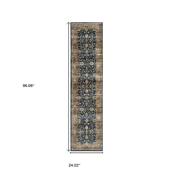 8' Blue And Rust Oriental Distressed Runner Rug