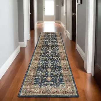 8' Blue And Rust Oriental Distressed Runner Rug