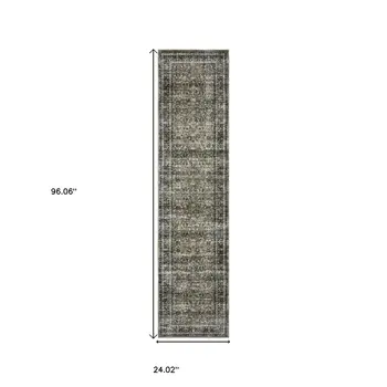 8' Charcoal And Blue Oriental Distressed Runner Rug