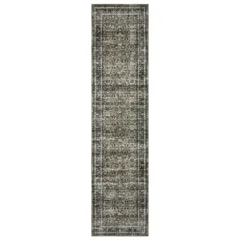 8' Charcoal And Blue Oriental Distressed Runner Rug