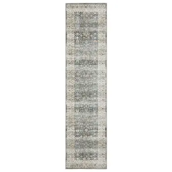 8' Gray And Ivory Oriental Distressed Runner Rug