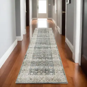 8' Gray And Ivory Oriental Distressed Runner Rug