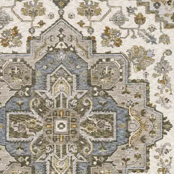 3' X 5' Ivory And Gold Medallion Distressed Area Rug With Fringe