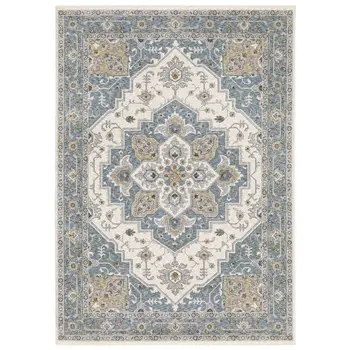 3' X 5' Blue And Ivory Medallion Distressed Area Rug With Fringe