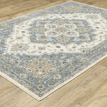 3' X 5' Blue And Ivory Medallion Distressed Area Rug With Fringe
