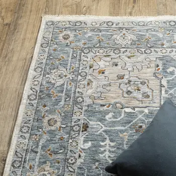 3' X 5' Blue And Ivory Medallion Distressed Area Rug With Fringe