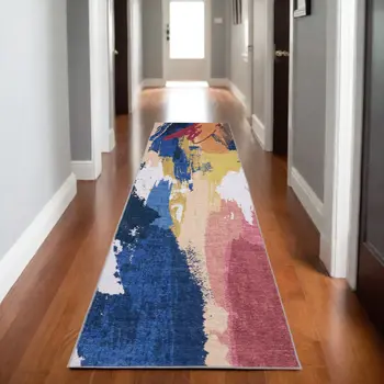 8' Blue And Gold Abstract Distressed Runner Rug