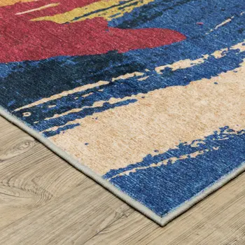 8' Blue And Gold Abstract Distressed Runner Rug