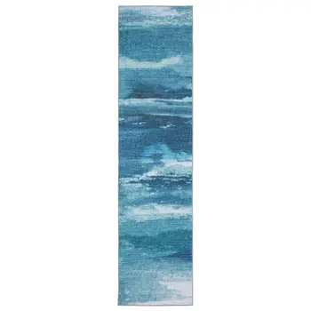 8' Sky Blue And Ivory Abstract Distressed Runner Rug