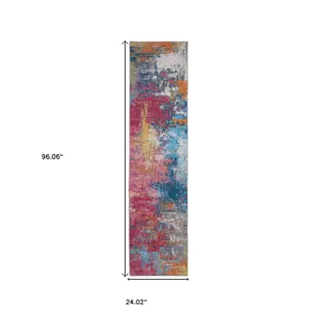 8' Blue Ivory And Orange Abstract Distressed Runner Rug