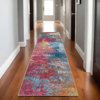 8' Blue Ivory And Orange Abstract Distressed Runner Rug