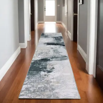 8' Ivory And Gray Abstract Distressed Runner Rug
