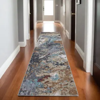 8' Blue And Rust Abstract Distressed Runner Rug