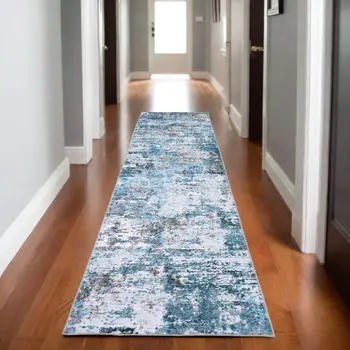 8' Ivory Abstract Distressed Runner Rug