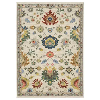 3' X 5' Ivory Blue And Red Oriental Area Rug With Fringe